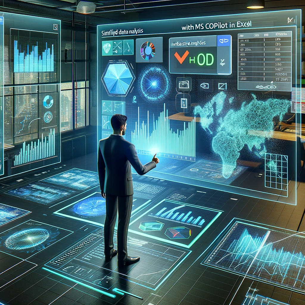 Simplificando analise de dados - imagem retrata um profissional analisando conjuntos de dados complexos através de uma interface Excel holográfica e futurista.